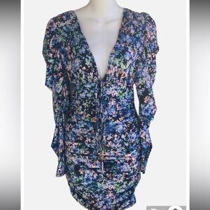 AFRM  Ruched Deep V Neck Floral Stretch Mini Dress Puff Sleeve